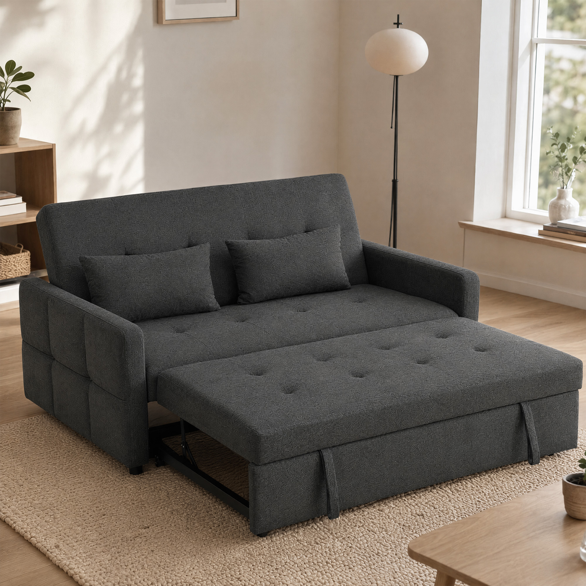 Homcom Divano letto 2 posti clic clac con 2 cuscini in tessuto, grigio scuro   Aosom Italy