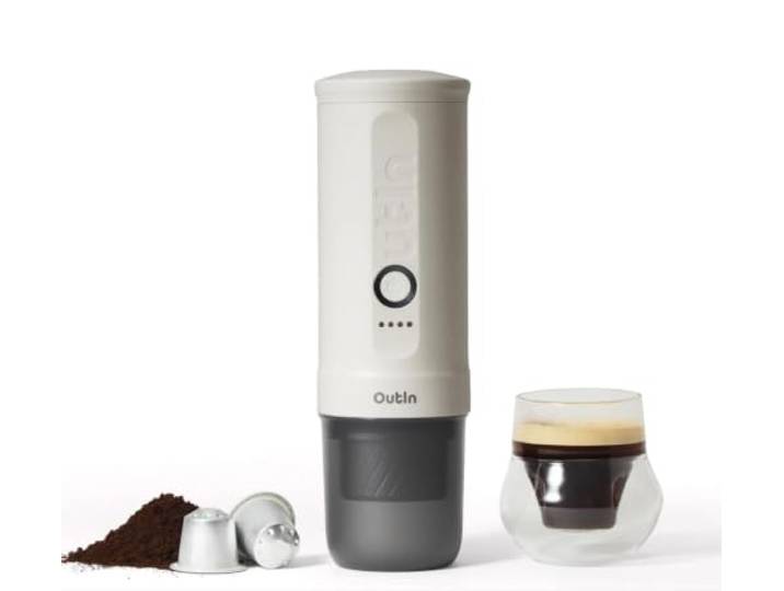 OutIn Nano 2 Tragbare Elektrische Espressomaschine, Reisekaffeemaschine Schnellheizung, 45 W USB-C-Schnellladen, für Kaffeepulver & NS-Kapseln, Camping, Wohnmobil, Wandern & Büro, Pearl White