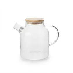 Relaxdays Teekanne Glas, Bambusdeckel, 1,8 Liter, mit Ausgusssieb, Glaskanne für losen Tee & Kaltgetränke, transparent