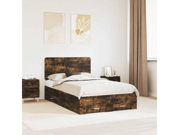 RJPLMFV Bettgestell, Raucheiche, 120 x 200 cm, Holz Mit Aufbewahrungsschubladen, integriertem Kopfteil, Lattenrosten, einfache Montage