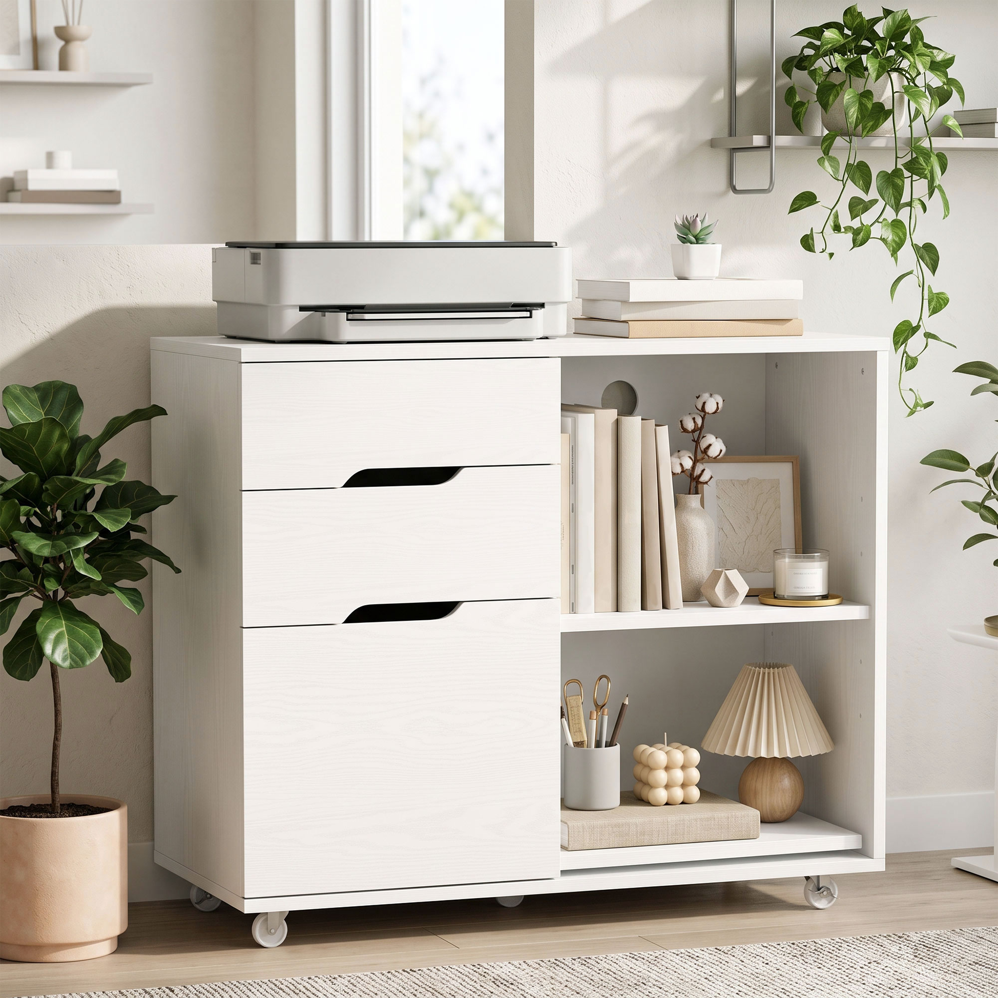 Homcom Mobile Porta Stampante con Ruote, 3 Cassetti e Ripiani Aperti, 80x40x68 cm, Bianco   Aosom Italy