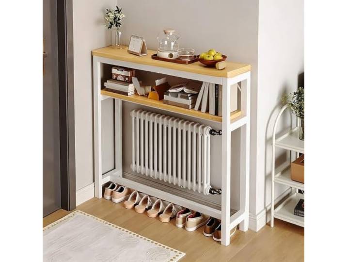 Schmaler Konsolentisch mit Metallgestell, 2-Ebenen Flurtisch für Wohnzimmer Robuster Stahlrahmen, Platzsparendes 2-Ebenen Design, Verstellbare füße, Einfache Montage(White,47 (120cm)*7.9 (20CM)D)