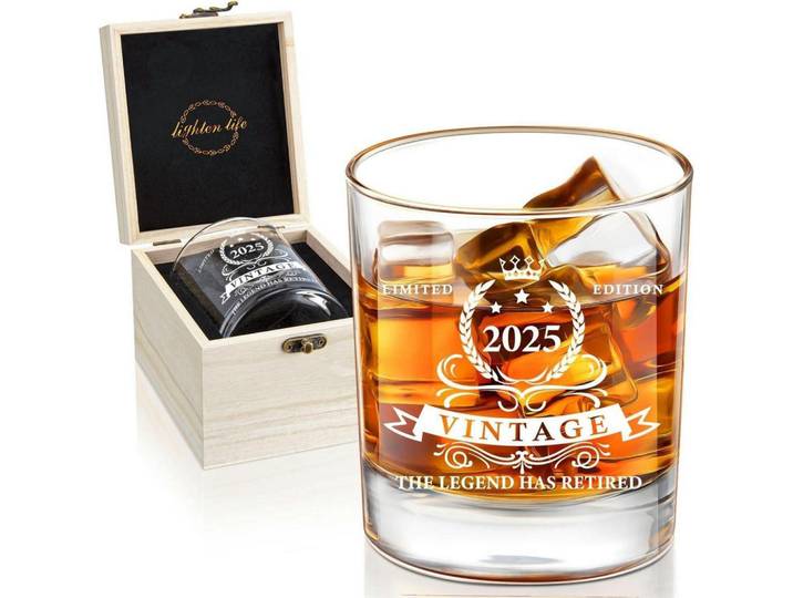 Whiskyglas 340 ml The Legend Has Retired 2025 mit Holzkiste, Transparent, Glas, Gläser, Whiskygläser