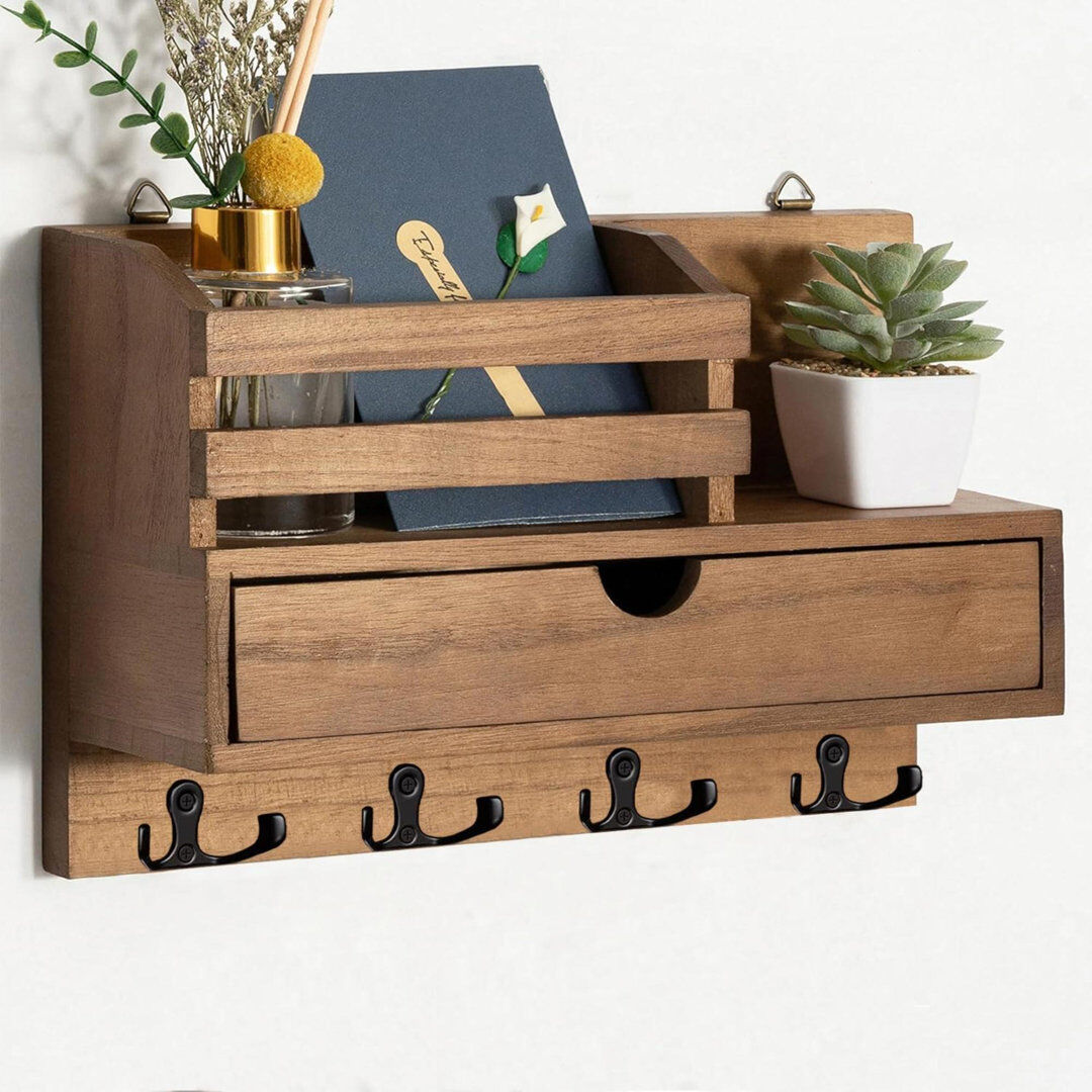 17 Stories Metal, Wood Wall Organizer with Mail Storage Brown 9cm H X 29.5cm W X 20cm D