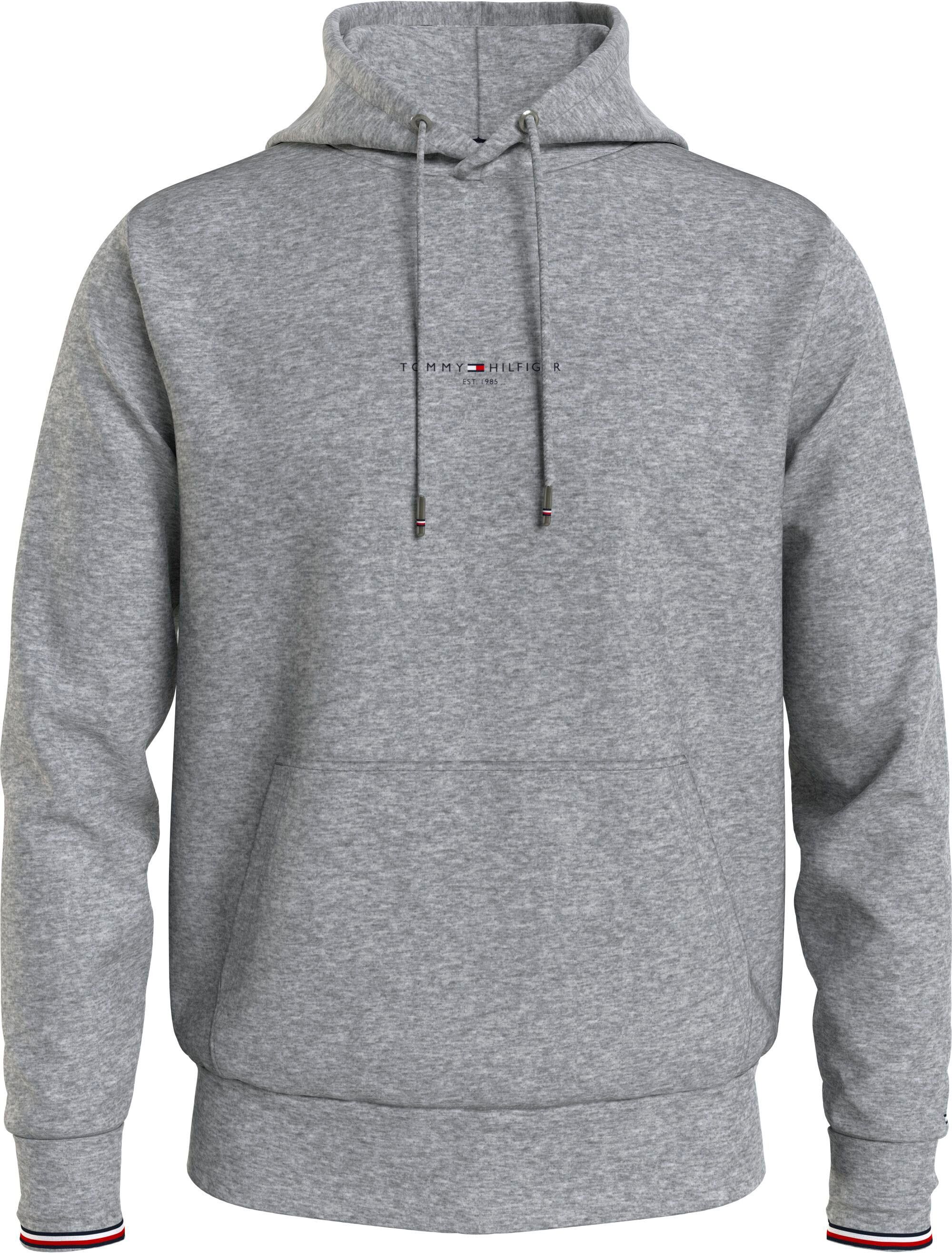 Hoodie TOMMY HILFIGER "TOMMY LOGO TIPPED HOODY", Herren, Gr. S, grau (light grau heather), Sweatware, Obermaterial: 63% Baumwolle, 37% Polyester, kontrastfarbene Details, unifarben, regular fit hüftlang, Rippstrickbündchen kontrastfarben, Sweatshirts Hood