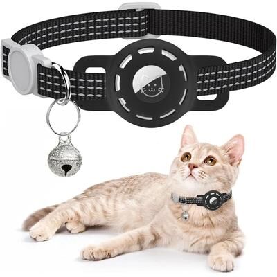 Inspired Living Reflective Breakaway AirTag Pet Collar With Secure Holder & Bell black