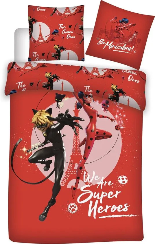 Miraculous Dekbedovertrek Superheroes voor kinderen, Katoen, 140 x 200 cm met 65 x 65 cm kussensloop