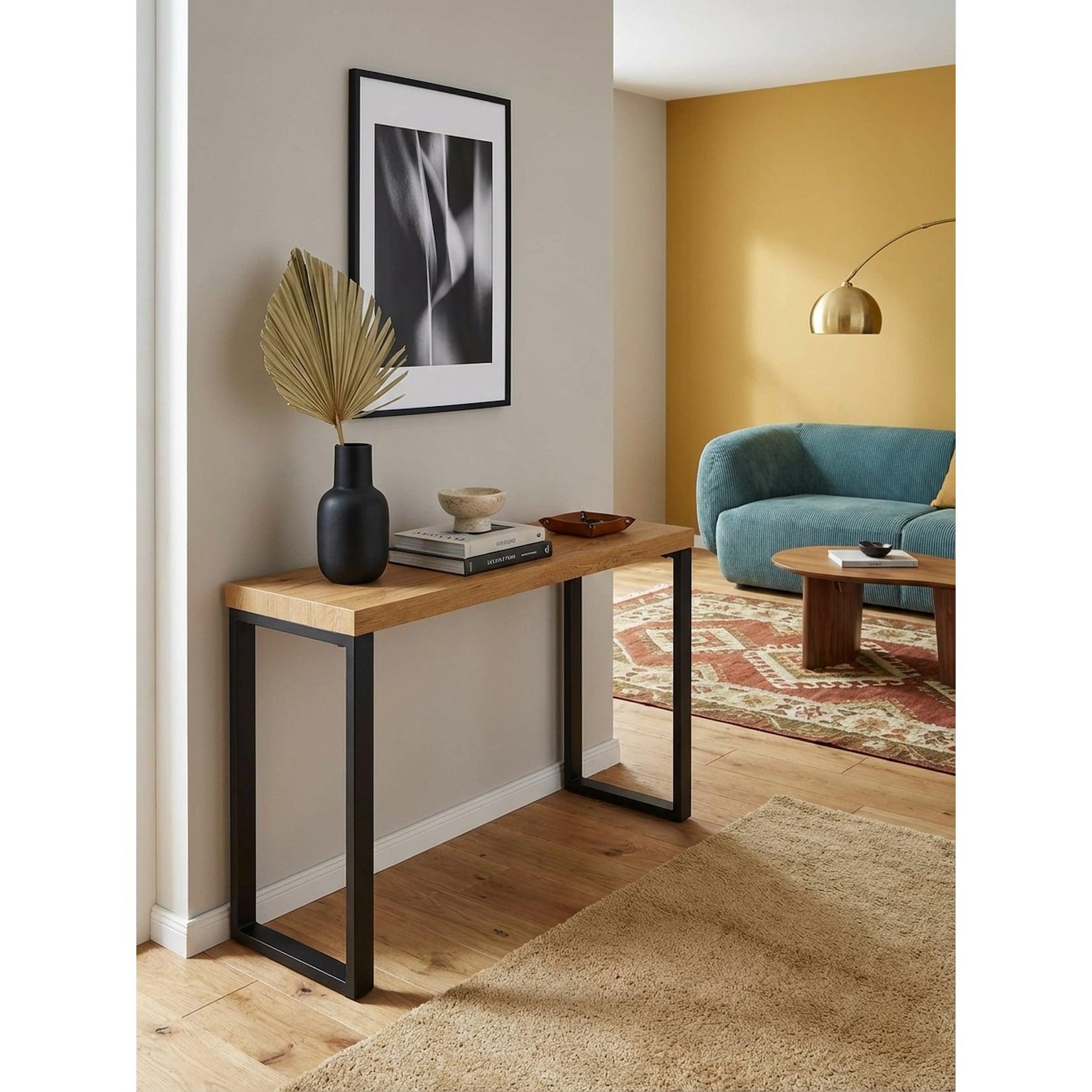 Konsolentisch – Eiche-Dekor/Schwarz, 120x39x75,5 cm, schmal, mit Metallbeinen