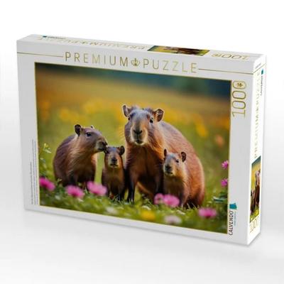 CALVENDO Puzzle Familie Wasserschwein auf bunter Blumenwiese | 1000 Teile Lege-Größe 64x48cm Foto-Puzzle für glückliche Stunden