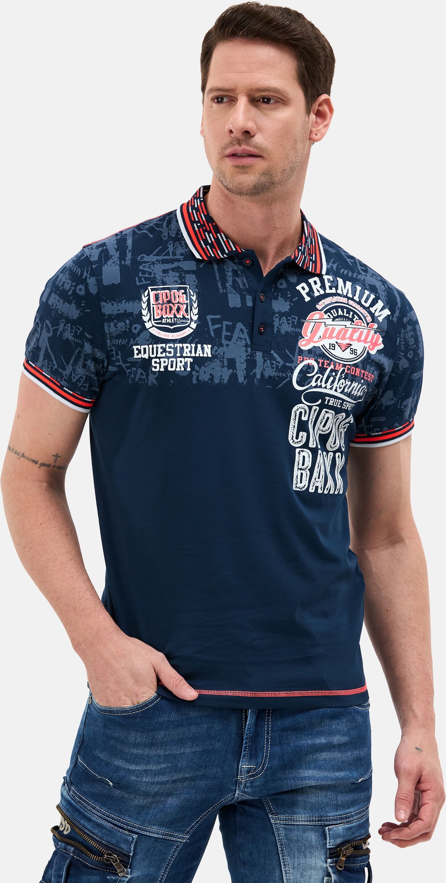 Poloshirt CIPO & BAXX, Herren, Gr. L, blau (navyblau), Jersey, Obermaterial: 95% Baumwolle, 5% Elasthan, bedruckt, unifarben, regular fit normal, Rundhals, Shirts Poloshirt navyblau L