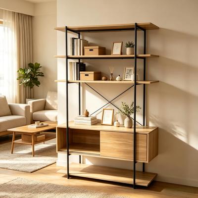 Garvee 5-Tier Display Shelf with Sliding-Door Storage Cabinet,Sliding-Door Cabinet