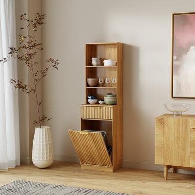 Kodotan sofa Tall Narrow Fluted Storage Cabinet with Hidden Trash Bin Compartment, Freestanding Cabinet, Fixed Open Shelves & Drawer