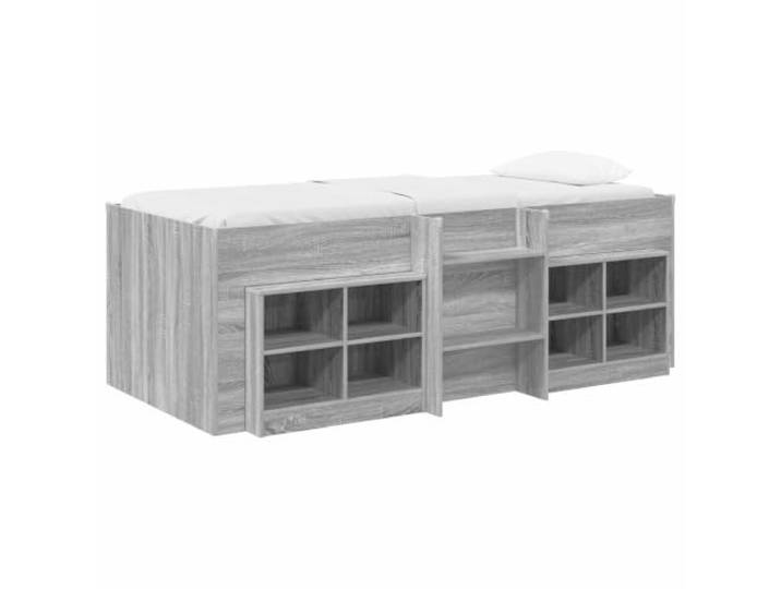 PUGYNBK Bettgestell Loft mit Schrank, 3-teilig, Sonoma-Grau Verarbeitetes Holz, Lattenrost inklusive, integrierte Aufbewahrung, modernes Design