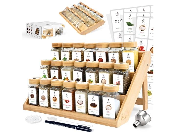 SAEIV Pots à épices carrés avec support à épices en bambou 2-en-1 - Ensemble de 12/21 pots à épices, organiseur de tiroir pour épices, sans BPA
