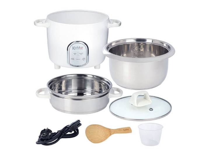 KeMar Kitchenware Reiskocher KRC-175, 500 W, Edelstahltopf, Glasdeckel, inkl. Edelstahl Dämpfeinsatz, 5 Programme