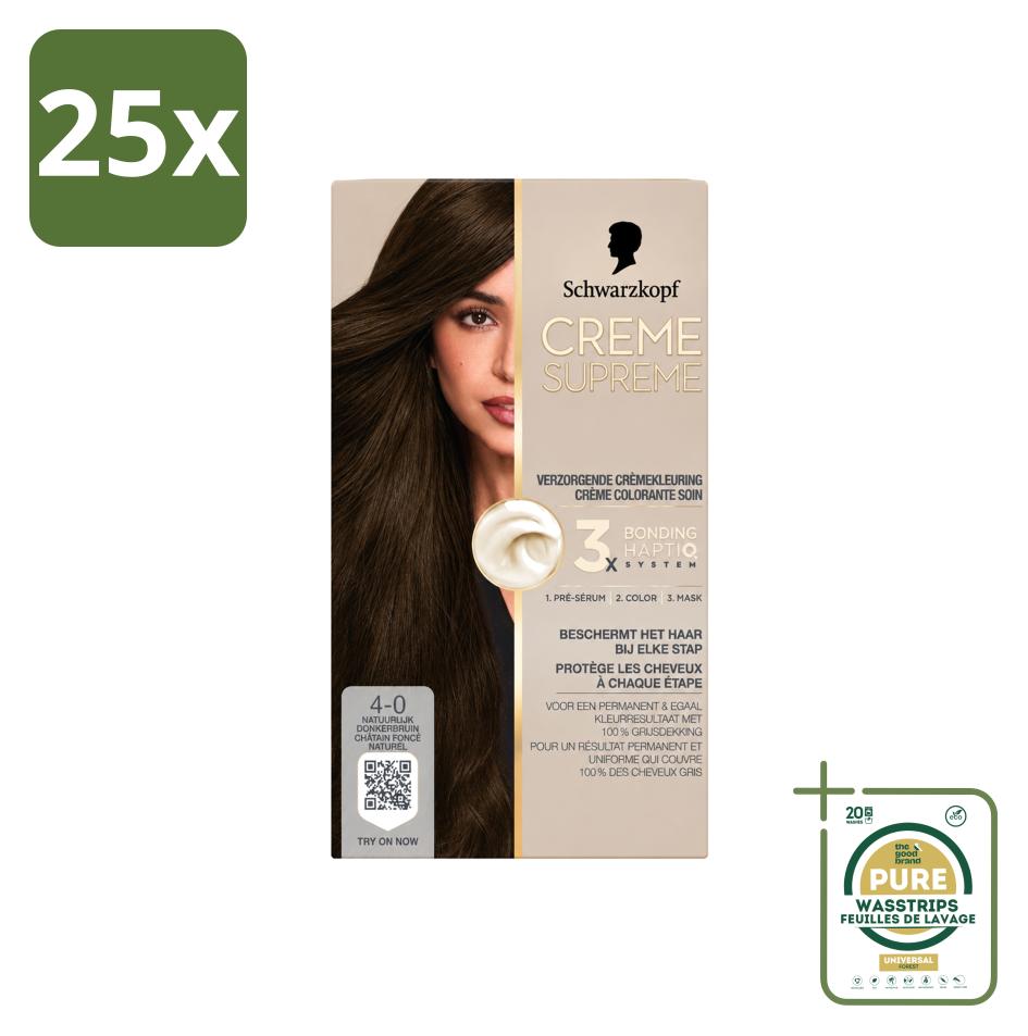 25 x Schwarzkopf Creme Supreme 4-0 Natuurlijk Donkerbruin Haarkleuring 245g - Vorratspackung - 25 Stücke