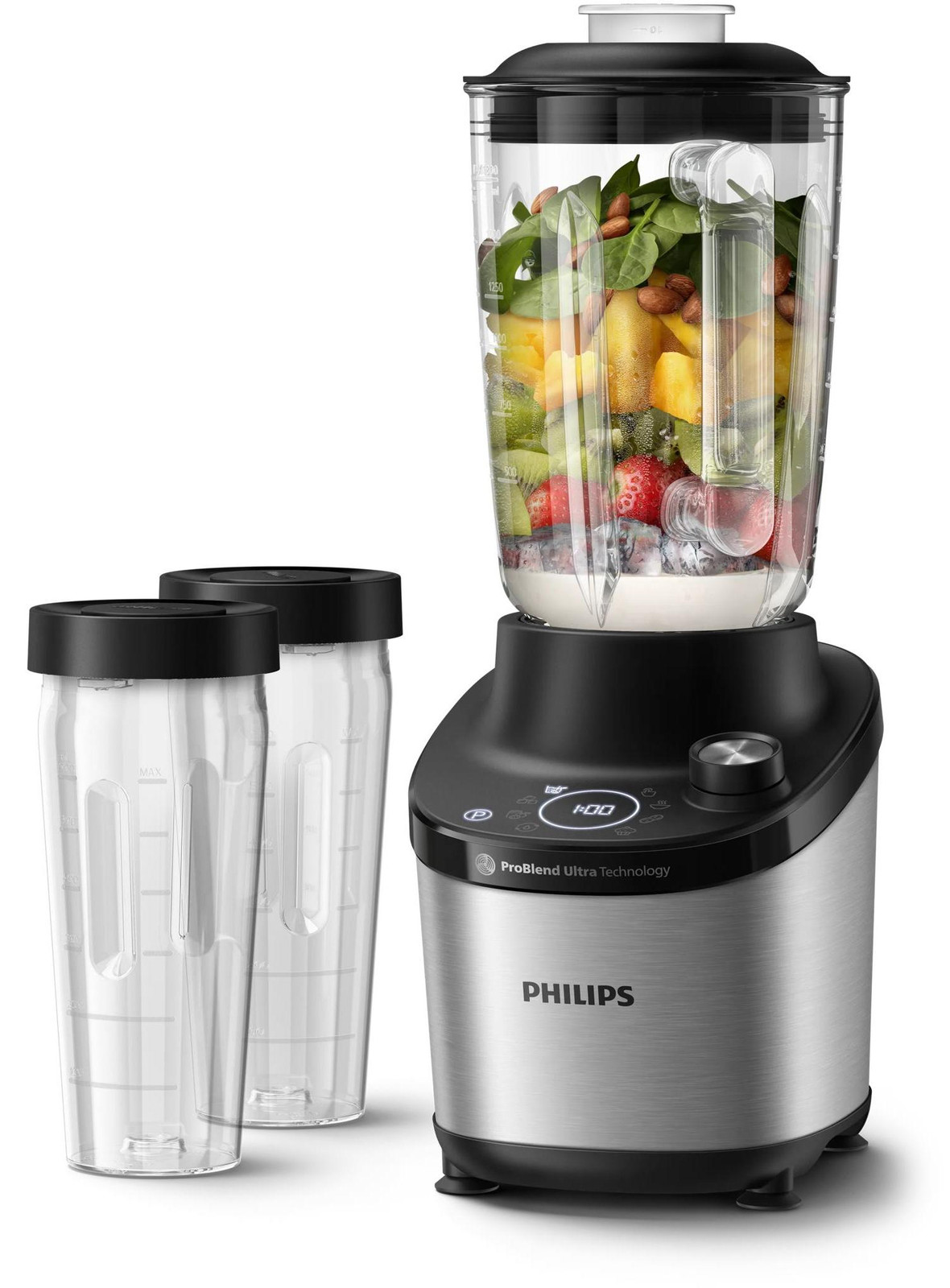Philips Staafmixer Avance Collection ProBlend HR3760/10, 1400 Watt, Zilver, Metaal/Glas, inclusief 2 drinkflessen van 1,5 liter