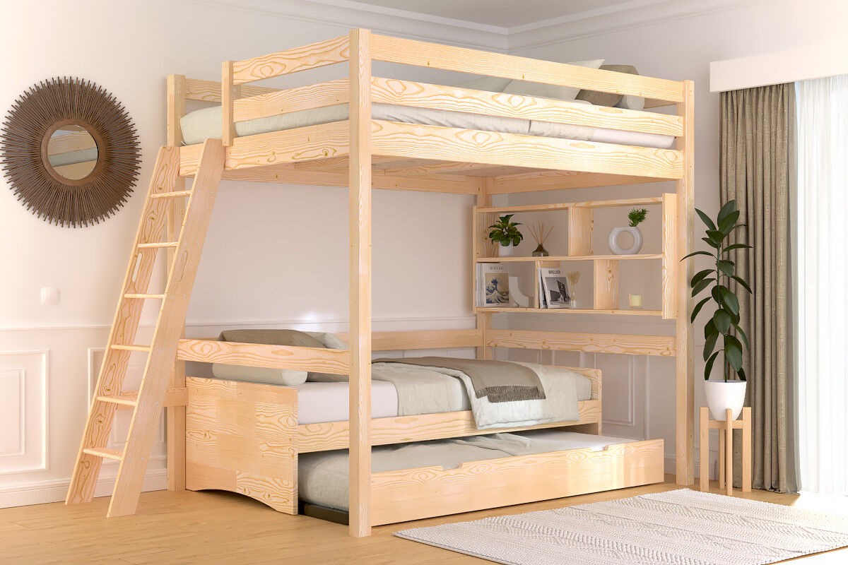 ABC MEUBLES Hochbett 140x190 holz mit Leiter Sylvia schräge Leiter - Roh (ohne Lack)