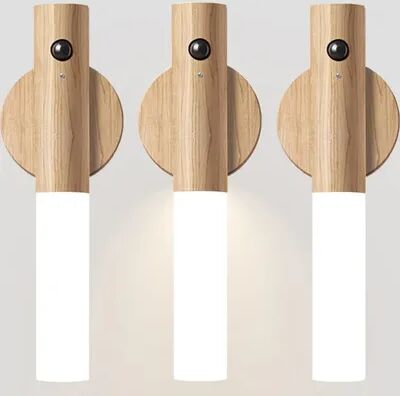 Friendly Fresh Finds NordGlow Motion Sensor Wall Light Rechargeable Magnetic Wooden Wall Sconce For Bedroom, Hallway & Stairs white Ash 3pcs