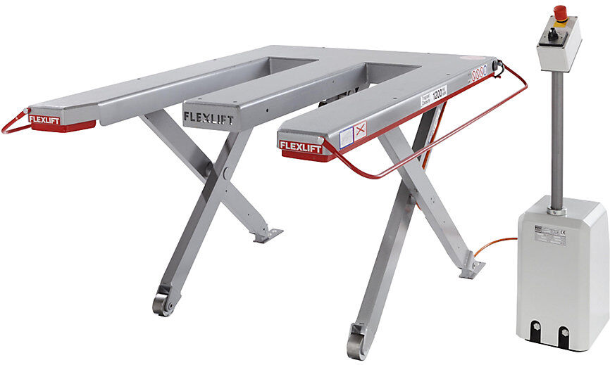 Flachform-Hubtisch, Baureihe E, Tragfähigkeit 1200 kg, LxB 1300 x 1150 mm, 230 V Wechselstrom Flexlift