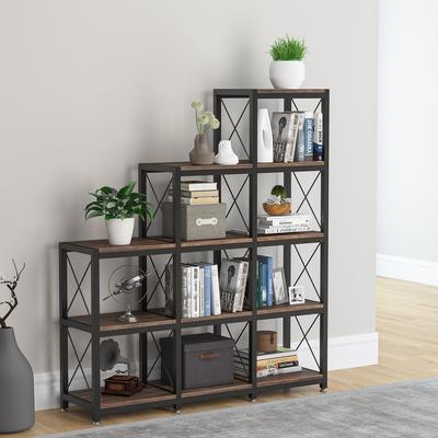 YUZHOU 12 Shelves Bookshelf, Industrial Corner Stepped Etagere Bookcase
