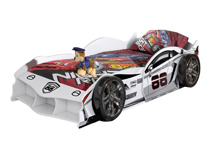 58 aufm Kessel Kinderbett Autobett Keelin MDF weiß Sportwagenoptik 90x200 inkl Lattenrost (inkl. Versand, Lieferung bis Verwendungsstelle), Sportwagen Design mit 3D Optik und Chrom Rädern