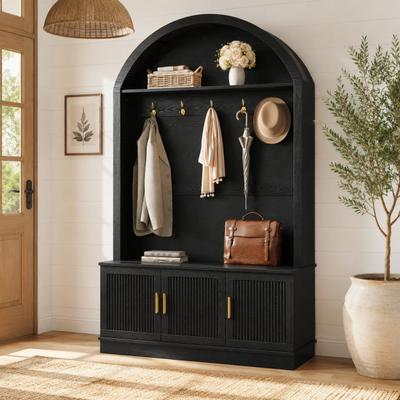 Fundinbaths Farmhouse Hall Tree with Bench, Fabric Arched Top, 5 Metal Hooks, Fluted Door Storage Cabinet, Adjustable Shelves