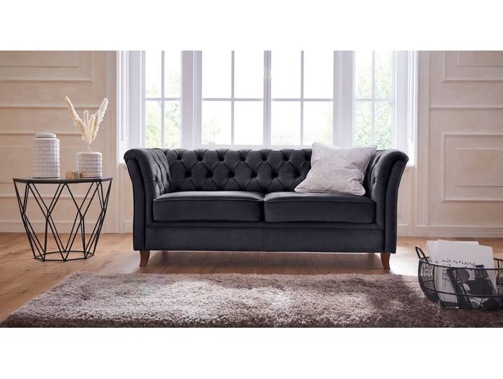 Chesterfield-Sofa, Samtoptik, Grau, 180×88×76 cm, Knopfheftung, Klassisch, Home-affaire