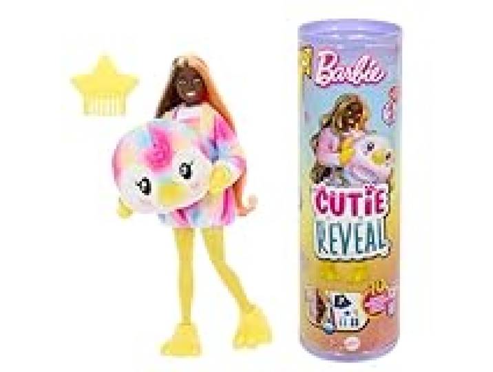Barbie Barbie Cutie Reveal Poupée et accessoires avec costume manchot tie-dye en peluche et 10 surprises, dont le changement de couleur, série Rêve Coloré, HRK40