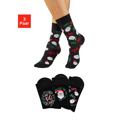 Freizeitsocken H.I.S "Damen Weihnachtssocken", Damen, Gr. 39-42, schwarz (3x schwarz), Baumwollmischung, elastisch, Socken, mit lustigen Weihnachtsmotiven