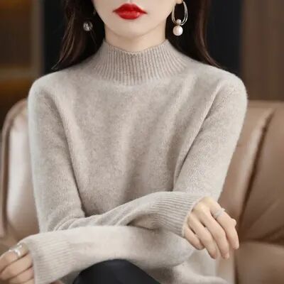 GlowBake Autumn Winter Women Sweater, Fashion Warm Bottoming Shirts, Half High Collar Knitwear Solid Long Sleeve Pullovers camel xl