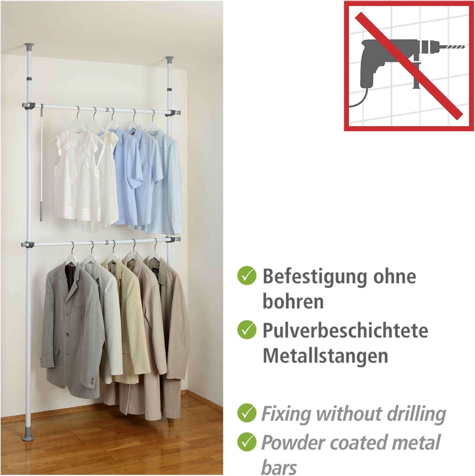 Teleskopregal WENKO "Modell Herkules Basic", grau (stangen: weiß, kunststoffteile: grau, anti, rutsch teile der kunststoffteile: grau), T:11cm, ABS-Kunststoff, Polypropylen, Stahl, Regale, Teleskopregal, Kleiderstangen zum Klemmen ohne Bohren, verstellbar