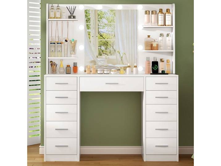 TEENFON Coiffeuse avec miroir et station de charge coiffeuse avec 11 tiroirs 4 étagères 107*40*140 cm blanc