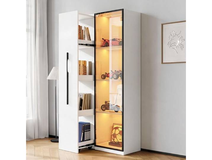 Meuble multifonction blanc 160 cm – bibliothèque extractible et vitrine avec éclairage LED 70x40x160 cm