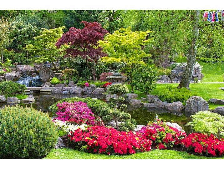 Fototapete PAPERMOON GARTEN-BLUMEN BÄUME PFLANZEN PARK STEINE BLÜTEN WALD , bunt, B:3,5m L:2,6m, Vlies, Tapeten, Fototapete