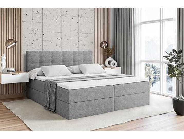 ALTDECOR Boxspringbett mit H4-Matratze Marce - 140x200 - Grau Lattenrost, Topper, Boxspringbett mit Bettkasten, Bett mit Stauraum, Doppelbett, Polsterbett