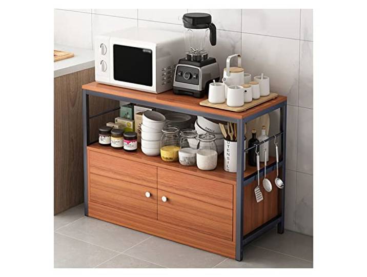 BOKNI Küchen-Organizer-Regal, 6-stufiges Küchen-Aufbewahrungsregal, Bäckerregal mit Holztisch, Metall-Organizer, Kaffeestation, Bar-Aufbewahrungsregal (Farbe: Gelb, Größe: 100 cm)