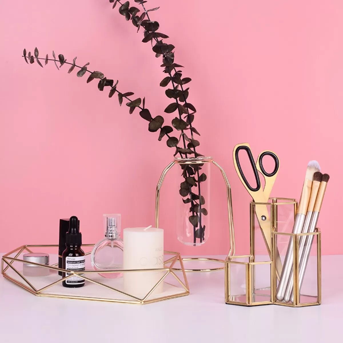 INF Porte-Stylo en Verre Doré Nordique - Organisateur de Bureau Élégant pour Stylos, Ustensiles et Fleurs
