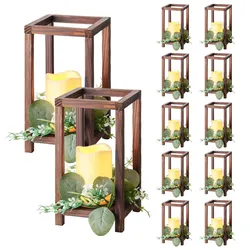 VEVOR 12er-Set, Holzlaternen, inklusive 12 Holzlaternen-Kerzenhaltern, 12 flammenlosen LED-Kerzen, 12 Eukalyptusblätter-Kranz für Hochzeitstisch, Party, Bauernhaus-Dekoration, Braun