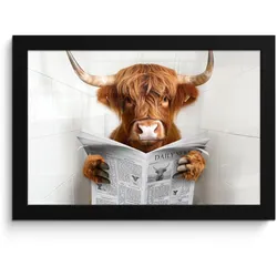 POSTER MIT RAHMEN Schottischer Highlander - Tier - Zeitung - Toilette 30x20 cm