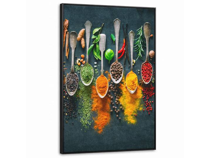 MuchoWow Leinwand Bilder mit Rahmen - Kräuter - Gewürze - Löffel - 90x140, Currygelb, Rechteckig, 90x140 cm, gerahmt, Bilder & Rahmen, Bilder, Leinwandbilder