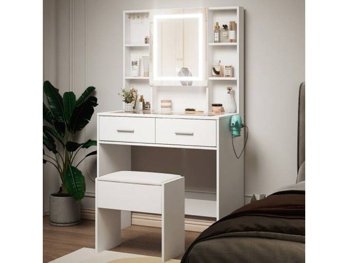 Coiffeuse avec Miroir LED et Tabouret Table de Maquillage - 2 Tiroirs 9 étagères - Blanc
