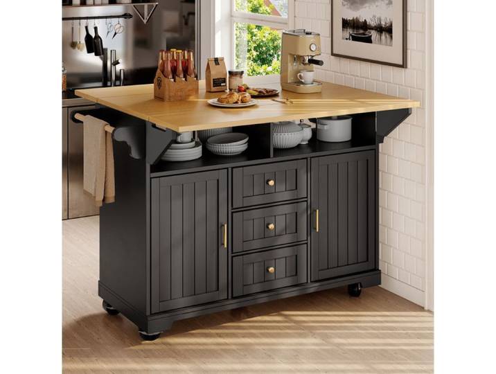 VUENOR Ilot central de cuisine 120 x 40 x 95 cm noir decor bois avec plateau rabattable