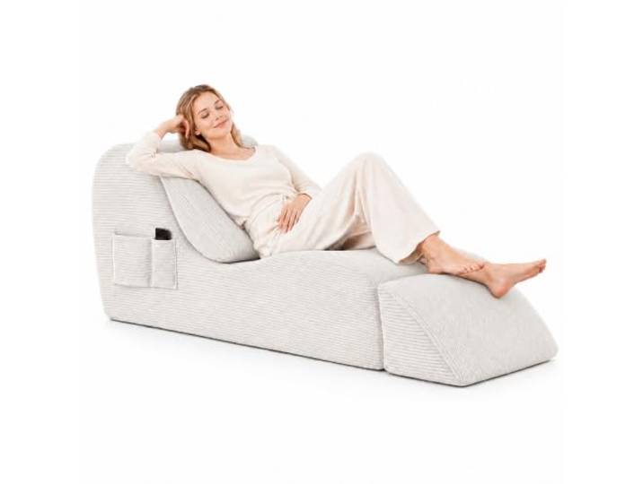 Yoga Stuhl Erwachsene 180 cm, Ergonomische Chaiselongue mit Fußstütze Cord Bodensofa für Yoga, Pilates, Stretching, Meditation, Paar-Yoga und Entspannung(White)