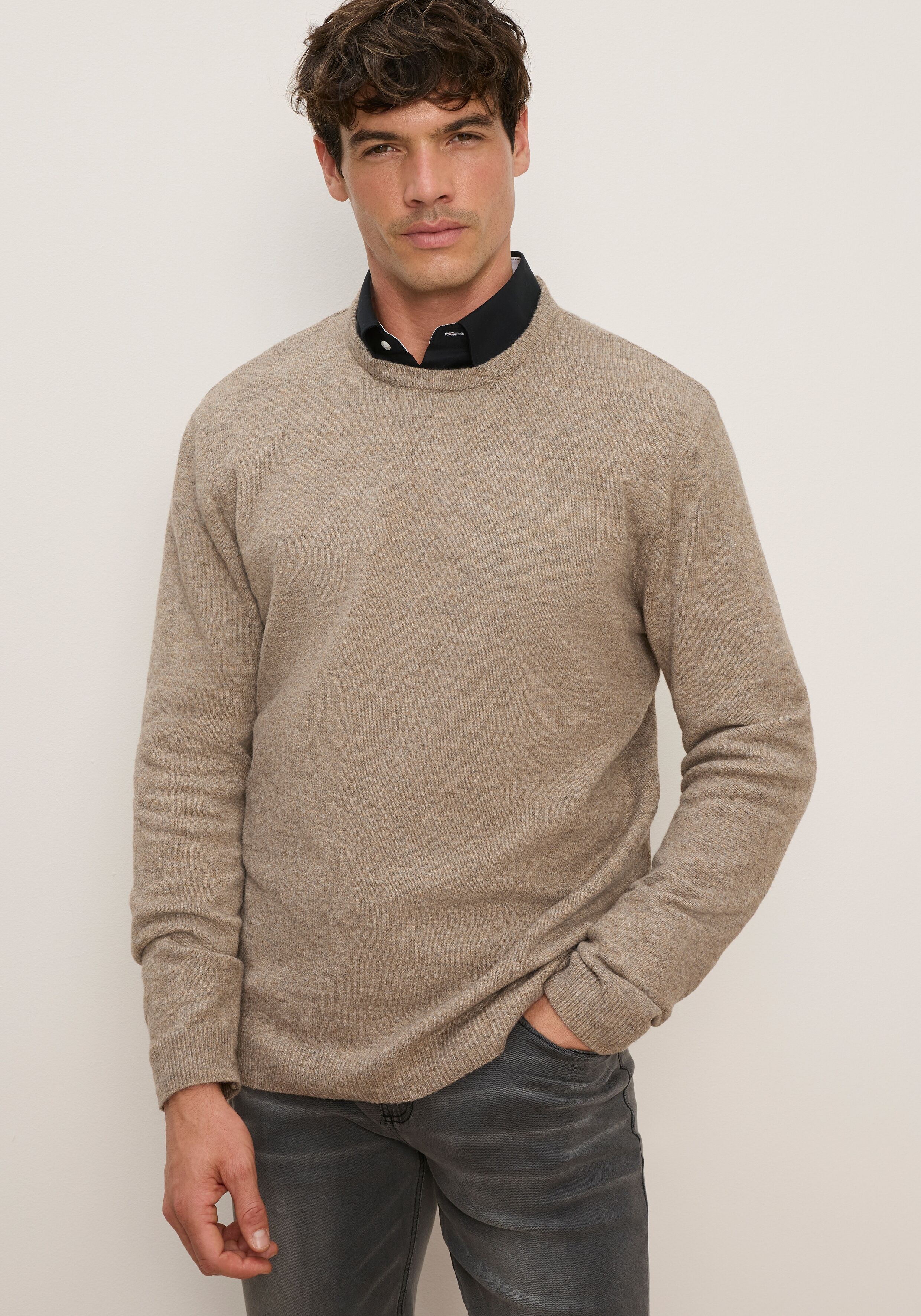 Strickpullover BRUNO BANANI "in hochwertiger Wolloptik", Herren, Gr. L, beige (hell braun), Strick, Obermaterial: 81% Polyester, 16% Polyacryl, 3% Elasthan, meliert, regular fit normal, Rundhals, Rippbündchen, Pullover Strickpullover, Woll-Look mit pflege