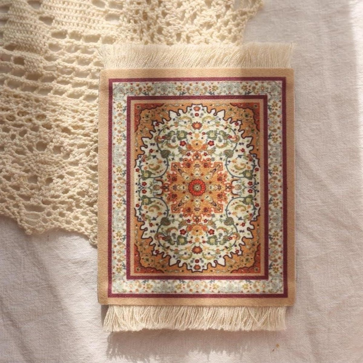 Bruine Mini Tapijt Muismat met Oosters Design voor Bureaugebruik, 9 x 11 cm