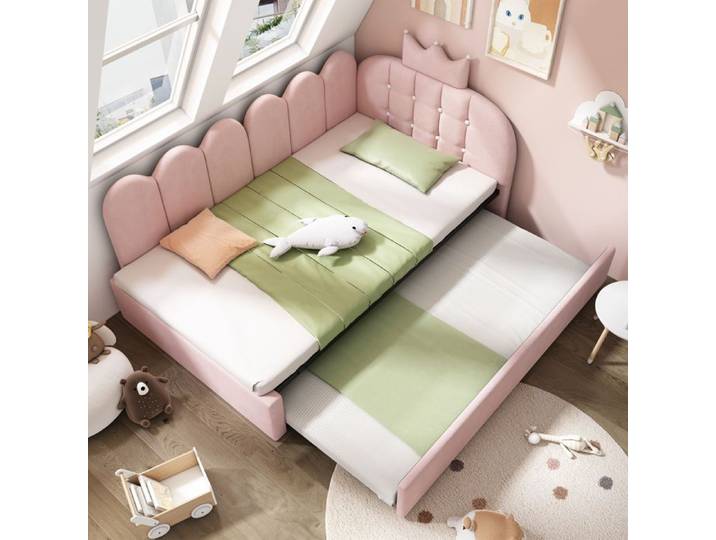 Canapé-lit gigogne - Dimensions 90x200 cm - Lit gigogne 90x190 cm - Forme L - Velours doux - Rose