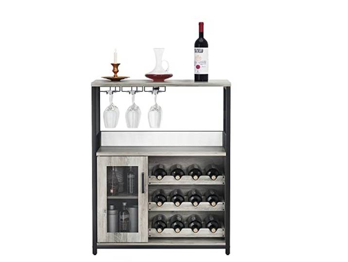 Litake Kompakter Weinbar-Schrank mit abnehmbarem Weinregal – Glashalter, Mesh-Tür, Stauraum – Modernes Sideboard & Buffet für Wohnzimmer, Küche oder Bar – Grau