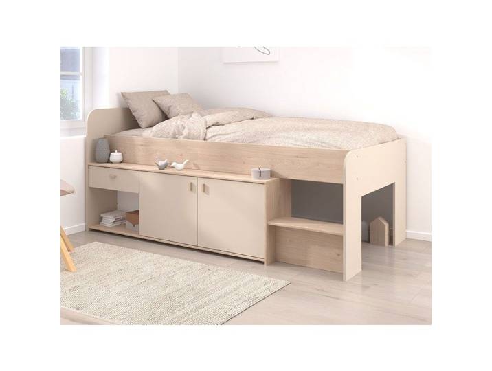 Lit mi-hauteur 90 x 190/200 cm avec rangements – Beige et naturel - LUNOBI