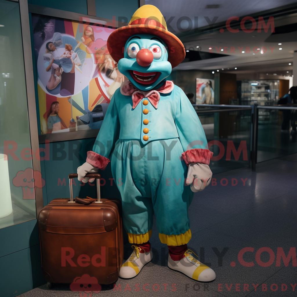Maskottchen REDBROKOLY eines blaugrünen Clowns mit Shorts und Aktentasche